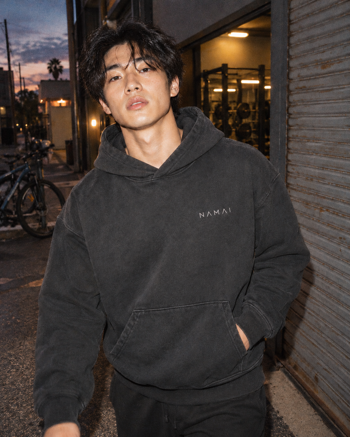 NAMAI Signature Vintage Hoodie — Black Rock — male model, vintage campaign mockup (AI-generated)