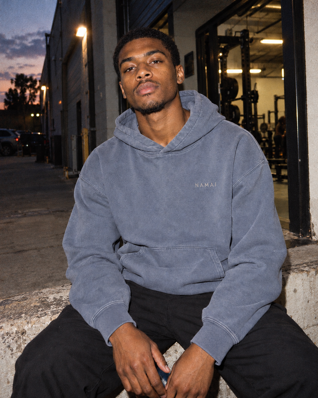 NAMAI Signature Vintage Hoodie — Blue Grey — male model, vintage campaign mockup (AI-generated)