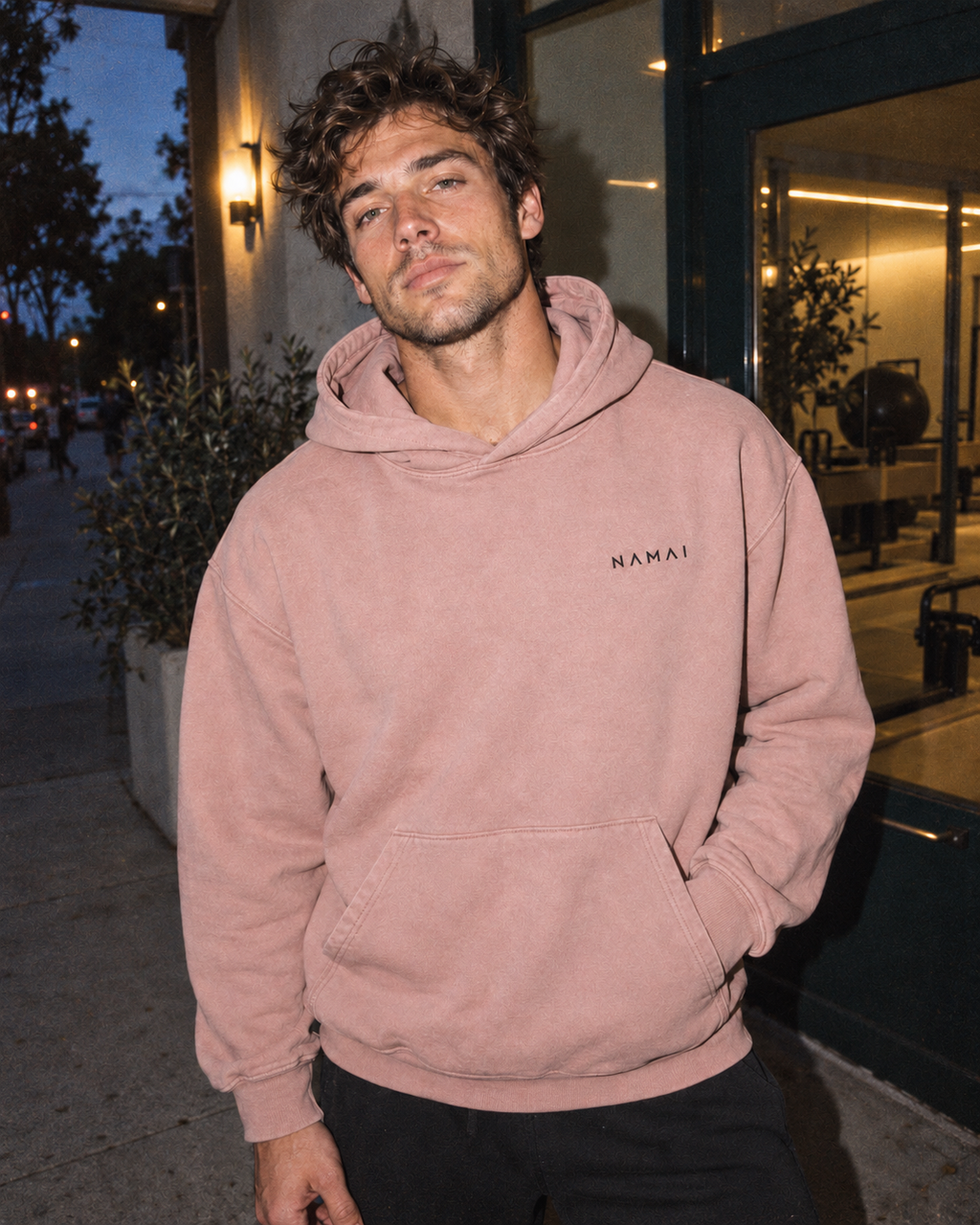 NAMAI Signature Vintage Hoodie — Blush — male model, vintage campaign mockup (AI-generated)
