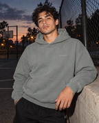 NAMAI Signature Vintage Hoodie — Misty Grey — male model, vintage campaign mockup (AI-generated)
